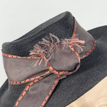 Load image into Gallery viewer, Original 1940's Black Straw Tilt Hat with Bronze Grosgrain Trim