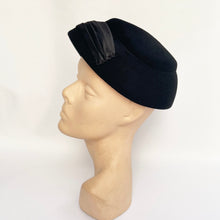 Load image into Gallery viewer, Original 1950's Inky Black Felt Hat with Pleated Satin Trim - Classic Mid Century Piece