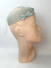 Load image into Gallery viewer, Original 1950's Baby Blue Hat with Face Net and Bow Trim