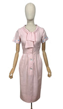Load image into Gallery viewer, Original 1950's Baby Pink Linen Wiggle Dress by Ros Comain with Blue and White Floral Embroidery - Bust 32 34 *