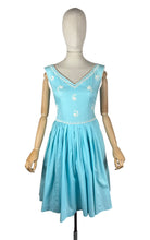 Load image into Gallery viewer, Original 1950's Turquoise Blue Cotton Dress with White Soutache by Carnegie - Bust 32 33 *