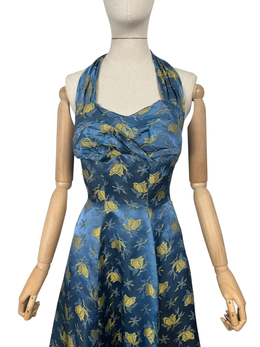 Original 1950's Blue and Gold Halterneck Cocktail Dress