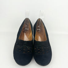 Load image into Gallery viewer, Original 1940's Black Suede Devonshire Court Shoes with Cutout Front and Bow Trim - Size 4.5