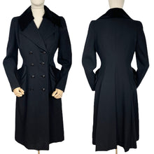 Load image into Gallery viewer, Original 1940's Zissman Model Black Wool Double Breasted Princess Coat with Velvet Collar and Pocket Detail - AS IS - Bust 38