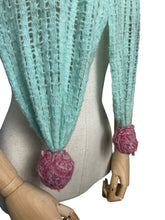 Load image into Gallery viewer, Original 1940's Hand Knitted Wool Scarf with Pretty Pom-pom Trim in Green & Pink