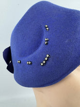 Load image into Gallery viewer, Original 1950's Rich Purple Felt Bonnet Style Hat with Bow Trim and Paste Detail