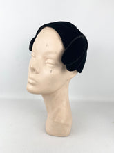 Load image into Gallery viewer, Original 1920's 1930's Black Cotton Velvet Close Fitting Hat with Leaf Trim *