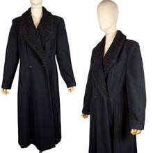 Load image into Gallery viewer, Original 1940's Inky Black Wool Coat with Faux Astrakhan Collar and Glass Buttons - Bust 38 40