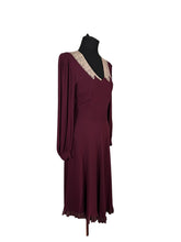 Load image into Gallery viewer, Original 1930's Petite Length Burgundy Crepe Long Sleeved Belted Day Dress with Lace Detail - Bust 34