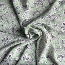 Load image into Gallery viewer, Original 1930's or 1940's Mint Green Crepe Dressmaking Fabric with White and Black Paisley Print - 35" x 120"