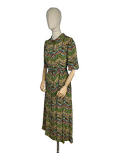 Load image into Gallery viewer, Original 1930's 1940's Green Crepe Day Dress with Floral Chevron Print in Red, Blue and Mustard