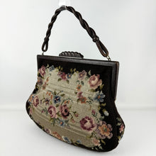 Load image into Gallery viewer, Original 1930’s 1940’s Large Wool Work Embroidered Bag with Leather Handle - Beautiful Vintage Handbag
