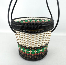 Load image into Gallery viewer, Original 1950's Small Wicker Handbag in White, Black, Green and Red