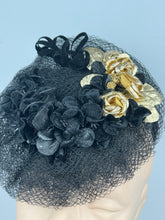 Load image into Gallery viewer, REPRODUCTION 1940's Black and Gold Net and Flower Topper Hat