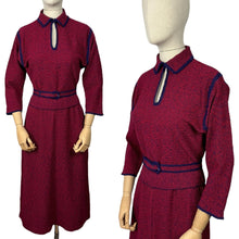 Load image into Gallery viewer, Original 1940's 1950's Brittany Club Sports Clothes by Marinette Three Piece Knit Set in Cranberry Red and French Navy Boucle Wool - Bust 36 38 *