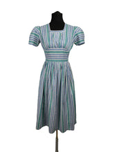 Load image into Gallery viewer, Original 1940's Petite Fit Textured Cotton Stripe Dress in Green, Pink, Blue and White - Bust 34 *
