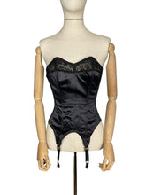 Load image into Gallery viewer, Original 1940's or 1950's Inky Black Satin and Lace Boned Corset with Garter Straps - Bust 32