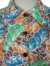 Load image into Gallery viewer, 1940's Reproduction Novelty Print Blouse with Skeins of Wool in Orange, Blue and Green on a Brown and White Base Made From an Original 1940's Feed Sack - Bust 32 34