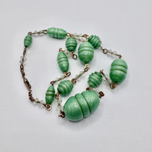 Load image into Gallery viewer, Original Art Deco Green Satin Glass Necklace with Clear Spacers