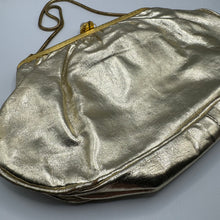Load image into Gallery viewer, 1950's or 1960's RFC Bright Gold Leather Evening Bag with Snake Chain and Faux Pearl Clasp