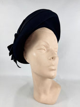 Load image into Gallery viewer, Original 1940's Black Felt Hat with High Brim, Net and Large Grosgrain Bow Trim