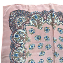 Load image into Gallery viewer, Original 1950's Salmon Pink Silk Crepe Scarf with Floral Print in Blue, Green, White and Black - Great Headscarf