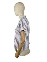 Load image into Gallery viewer, Original 1950's Deadstock White Cotton Blouse with Red, Blue and Black Stripes by Lewis - Bust 34" *