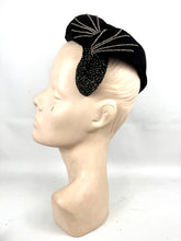 Load image into Gallery viewer, Original 1950’s Black Cotton Velvet Hat with Silver Glass Beads - Perfect Cocktail Hat