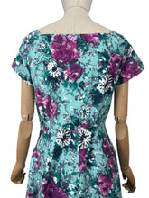 Load image into Gallery viewer, Original 1950's Marldena Model Blue Cotton Day Dress with Pink, Black, Teal and Black Floral Print and Hip Swag - Bust 35 *