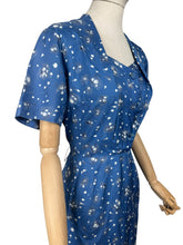Load image into Gallery viewer, Original 1950's Blue Silk Wiggle Dress with Floral Print in White and Black - Bust 36 *