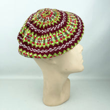 Load image into Gallery viewer, Reproduction 1940's Pure Wool Fair Isle Beret in Burgundy and Green - Wonderful Design Featuring Six Different Colours *