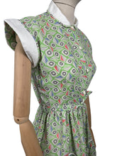 Load image into Gallery viewer, Original Late 1940's or Early 1950's Green Cotton Belted Day Dress with Leaf Print in Black, White, Red and Blue - Bust 34 *