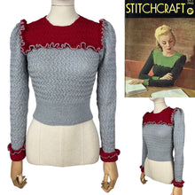 Load image into Gallery viewer, 1940s Reproduction Long Sleeved Jumper in Cherry Red and Light Grey with Frill Trim - Bust 34 36