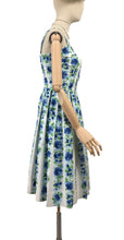 Load image into Gallery viewer, Original 1950's White and Blue Floral Stripe Cotton Dress Made in France - Bust 34 35 *