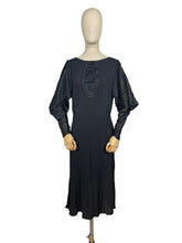 Load image into Gallery viewer, Original 1930's Black Bias Cut Dress with Cold Shoulder Ribbon Work Sleeves - Bust 34 36 38
