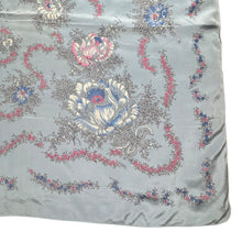 Load image into Gallery viewer, Original 1940's or 1950's Silk Crepe Scarf in Pale Blue with White and Pink Floral - Great Headscarf