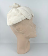 Load image into Gallery viewer, Original 1950's Ivory Fabric Petal Hat with Face Veil and Bow Trim *