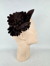 Load image into Gallery viewer, Original 1940's Dark Brown Felt Half Bonnet Hat with Felt Flower Trim by Alden House