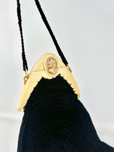 Load image into Gallery viewer, Original 1920's Antique Crochet Bag with Celluloid Frame with Cameo Clasp and Long Tassels *