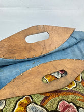 Load image into Gallery viewer, Original 1920’s Crewel Work Bag with Flowers in Green, Rust, Pink and Blue with Carved Wooden Handles