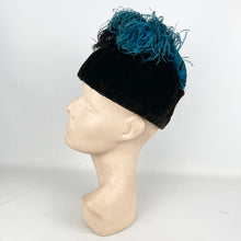 Load image into Gallery viewer, Fabulous Original 1930's Dark Brown Velvet Hat with Ostrich Feather Plume Trim in Blue and Black *