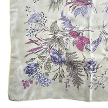 Load image into Gallery viewer, Original 1950's Pale Yellow Silk Crepe Scarf with Roses and Flowers Print in Pink and Green - Great Headscarf