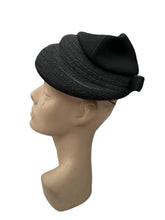 Load image into Gallery viewer, Original 1950's Inky Black Bonnet Hat in Straw and Grosgrain with Neat Bow Trim