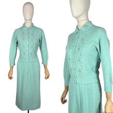 Load image into Gallery viewer, Original 1950's Mint Green Beaded Skirt and Cardigan Knit Set by Orlon - Bust 36