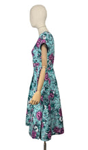 Load image into Gallery viewer, Original 1950's Marldena Model Blue Cotton Day Dress with Pink, Black, Teal and Black Floral Print and Hip Swag - Bust 35 *