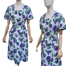 Load image into Gallery viewer, Original 1940’s 1950’s Belted Rose Print Cotton Day Dress in Grey, Purple and Green - Bust 40