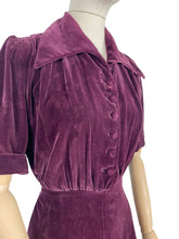 Load image into Gallery viewer, Original 1940's Aubergine Purple Cotton Velvet Dress with Huge Collar and Covered Buttons - Bust 38 40