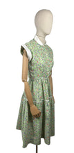 Load image into Gallery viewer, Original Late 1940's or Early 1950's Green Cotton Belted Day Dress with Leaf Print in Black, White, Red and Blue - Bust 34 *