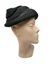 Load image into Gallery viewer, Original 1950's Inky Black Bonnet Hat in Straw and Grosgrain with Neat Bow Trim