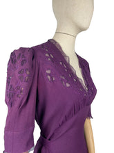 Load image into Gallery viewer, Original 1940's Cadbury Purple Crepe Full Length Evening Dress with Cutout Detail and Lace Trim - Bust 36 *